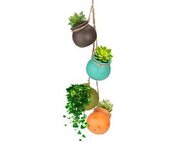 PromoHome 4-delige hangende keramische plantenpotten set met touw - Kleurrijke mini bloempotten voor binnen en buiten