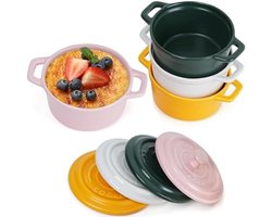 PromoHome 4-stuks Porseleinen Ramekins met Deksels en Handvatten - 270 ml Ovenveilige Ramekins voor Bakken, Magnetron, Diepvries en Vaatwasser - Stapelbare Rondvormige Ovenschaaltjes in 4 Kleuren