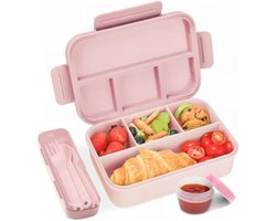 PromoHome 4-vaks Bento Lunchbox - 1300ml Lekdichte Broodtrommel voor Kinderen en Volwassenen - Roze Vaatwasser- en Magnetronbestendig - Inclusief Bestekset
