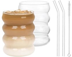 PromoHome 410 ml Glazen Drinkglazen met Rieten [Set van 2] - Unieke Donut Vorm met Belletjes voor IJskoffie, Thee, Frisdrank, Bier en Water - BPA Vrij - Inclusief Schoonmaakborstel