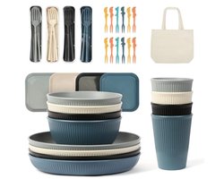 PromoHome 49-delige Campingserviesset voor 4 Personen - Onbreekbaar Plastic Servies met Draagtas, Vaatwasmachinebestendig, Stapelbaar, Geschikt voor Picknick, BBQ en Buiten