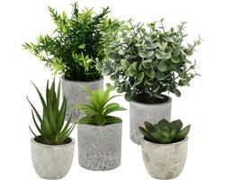PromoHome 5 stuks kunstplanten set - Mini kunstplanten met vetplanten, eucalyptus en rozemarijn voor binnenhuisdecoratie - Groene decoratieve kunstplanten voor kantoor, slaapkamer en woonkamer