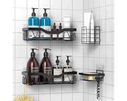PromoHome Badkamer Opbergset 4-delig - Zwarte Lijmbevestiging Doucheplanken - Sterk Draagvermogen