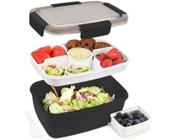 PromoHome Bento Box 2000 ml - 4-compartimenten Lunchbox met Dressing Container, Slabak, Herbruikbare Maaltijdbox voor Salade, Fruit en Snacks - Magnetron- en Vaatwasserbestendig - Zwart
