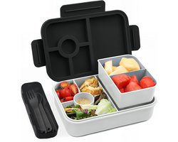 PromoHome Bento Lunchbox 1300 ml - Lekvrije 5-compartimenten Lunchbox met Bestek - Magnetron- en Vaatwasserbestendig - Geschikt voor School, Kantoor en Picknicks - Zwart