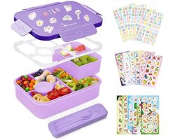 PromoHome Bento Lunchbox 1300 ml met 4 vakken + verwijderbaar vak, lekvrije afdichting, inclusief bestek en 16 stickers - Geschikt voor kinderen en volwassenen - Paars