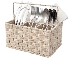 PromoHome Bestekhouder met 4 Vakken - Handgeweven Rieten Design - Draagbare Gebruiksvoorwerpen Organizer voor Keuken, Picknick en Camping - Grijze Kleur
