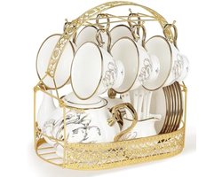 PromoHome Britse Porseleinen Theeset 22 Delen Luxe Gouden Tulp Design - Complete Thee Service met Theepot, 6 Kopjes & Schotels, Melkkan, Suikerpot en Metalen Houder voor Middagthee, Bruiloften en Feesten
