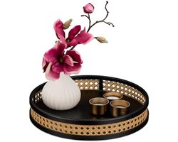 PromoHome decoratief dienblad met rotan look, rond plateau met opstaande rand voor kaarsen en decoratie, zwart-natuur, Ø 39 cm