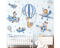 PromoHome Dieren Ballon Vliegtuig Muursticker Set - Blauwe Luchtballon met Giraffe, Leeuw en Vos - Babykamer Kinderkamer Decoratie - Verwijderbare Muurdecoratie (2 Vellen)