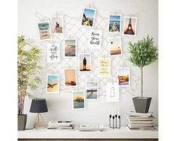 PromoHome DIY Fotolijsten Collage Wanddecoratie Set - Visnet Foto Muur met 40 Houten Klemmen en 10 Onzichtbare Nagels - Opknoping Foto Weergave Wanddecoratie voor Kamer, Woonkamer, Bruiloften en Feesten (60x60cm)