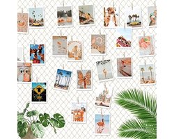 PromoHome DIY Fotolijsten Collage Wanddecoratie Set - Visnet Foto Muur met 60 Houten en Hartvormige Klemmen - 120x150cm Beige Fotowand Decoratie voor Woonkamer, Slaapkamer, Kantoor en Feesten
