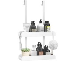 PromoHome Doucheplank Ophangbaar zonder Boren – Badkamer Organizer met 4 Haken, voor Frameloze Glazen Deur, 2 Planken, Wit