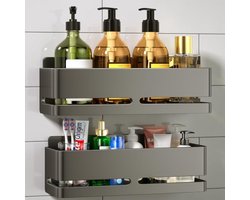 PromoHome Doucherek Zonder Boren – 2 Lagen – Aluminium – No-Drilling Adhesive Wandmontage – Grijze Doucheplank voor Badkamer en Keuken