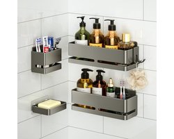 PromoHome Doucherek Zonder Boren - 5-delig - Grijze Badkamer Organizer - Aluminium - Adhesie & Schroefmontage - Doucheplank, Tandenborstelhouder, Zeepbakje & Haken