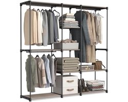 PromoHome Draagbare Kledingkast met 11 Planken en 3 Kledingstangen - Vrijstaand Kledingrek voor Slaapkamer en Woonkamer - 182 x 43 x 182 cm - Taupe Kleur