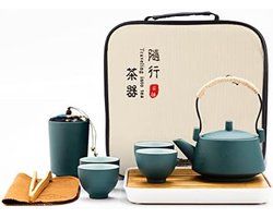 PromoHome Draagbare Theeset met Bamboe Dienblad - Keramisch Servies