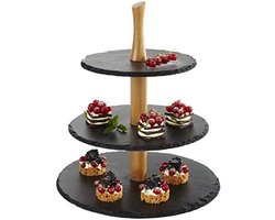 PromoHome Drie-etagere Presentatiestand voor Gebak en Hapjes - Natuursteen en Acaciahout