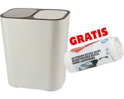 PromoHome Dubbele Prullenbak Keuken 2 Vakken met gratis vuilniszakken 20L , 40 stuks – Afvalscheiding Vuilnisemmer – Kunststof Afvalbak met Deksel – Voor Droog & Nat Afval – Recycling Prullenbak "Crème"
