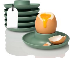 PromoHome Eierdopjes Set van Kunststof, 6-delig - Groengrijs Mat - Onbreekbare Camping Eierdopjes met Plankje en Overloopbeveiliging