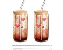 PromoHome Glas Set Met Deksel En Rietje - 2 Stuks 480 ml Boba Bekers Met Bamboe Deksels, Herbruikbare Glazen Rietjes en Schoonmaakborstel - Milieuvriendelijke Drinkglazen Voor Koude Dranken