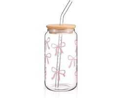 PromoHome Glazen Beker 400 ml met Deksel en Rietje - Elegant Boogdesign Drinkglas voor Koffie, Cocktails, Smoothies - Geschikt als Cadeau - Roze
