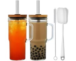 PromoHome Glazen Drinkbekers Set - 2 Stuks Met Handvat en Rietjes - 710ml