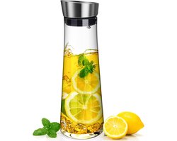 PromoHome Glazen Waterkan 1L met roestvrijstalen deksel, waterkan van duurzaam borosilicaatglas voor water, melk, sap en limonade
