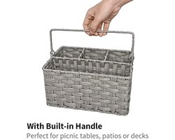 PromoHome Grijze Bestekhouder met Handvat - Handgeweven Rieten Organizer voor Keukengerei, 4 Vakken Opbergoplossing voor Lepels, Messen, Vorken en Servetten - Ideaal voor Keuken, Picknick en Camping