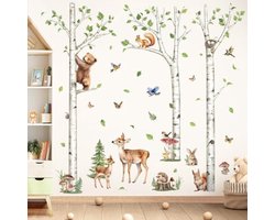 PromoHome Grote Witte Berk Boom Muursticker Set met Bosdieren - Beer, Hert en Konijn - Verwijderbare Muurdecoratie voor Woonkamer, Kinderkamer en Babykamer - 4 Delige Set