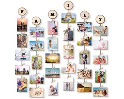 PromoHome Hangende Fotolijst Set - Creatieve Fotodisplay met 30 Houten Clips en 6 Lijnen - DIY Fotocollage met Alfabet en Cijfer Stickers - Wanddecoratie voor Foto's, Kaarten en Herinneringen