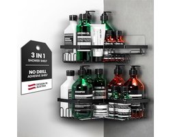 PromoHome Hoek Doucherek Set van 2 - Zelfklevend & Schroefmontage - Badkamer Opslagplanken Roestvrij Staal - Douche Organizer voor Shampoo en Badaccessoires - Zwart