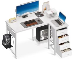 PromoHome Hoekbureau, 100 x 70 cm, L-vormig bureau met 4 laden, omkeerbaar pc-bureau voor kantoor/slaapkamer, wit