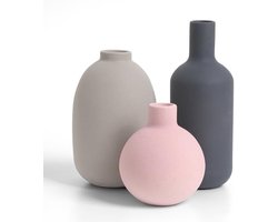 PromoHome Keramische Vazen Set [3 Stuks] - Moderne Decoratieve Vazen voor Huisdecoratie - Neutrale Minimalistische Woonkamer Decor - Rechte, Ovale en Ronde Mat Vazen - Grijze Kleur