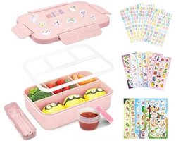 PromoHome Kinderlunchbox met Vakken - 1300 ml Lekdichte Bento Box met Bestek en Stickers - Roze Magnetron- en Vaatwasserbestendige Broodtrommel voor Jongens en Meisjes
