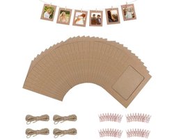 PromoHome Kraft Papieren Fotolijst Set - 40 Stuks Bruine Lijsten met Natuurlijke Touw en Houten Klemmen voor Wanddecoratie