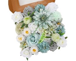 PromoHome Kunstbloemen Set Blauwgroene Mix - 10 Stuks Zijden Dahlia's en Rozen met Stengels voor Bruiloft Decoratie, Tafelstukken en Woondecor