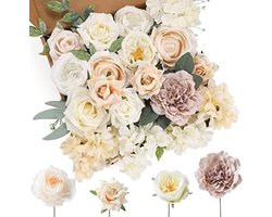 PromoHome Kunstbloemen Set Witte Bloemen Mix Zijden Bloemen Dahlia Rozen met Stengels voor DIY Bruiloft Bruidsboeketten, Baby Shower, Bloemstuk, Tafel Decoratie, Woondecoratie - 18 Delig