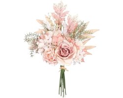 PromoHome Kunstmatig Bloemenboeket - Realistische Dahlia's en Zonnebloemen Decoratie - Kunstbloemstuk voor Tafeldecoratie, Bruiloft en Woondecor - 38 cm Hoog - Roos Champagne Kleur