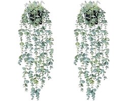 PromoHome Kunstmatige Hangplanten Set van 2 - Groene Nep Klimop en Eucalyptus Decoratie met Zwarte Potten voor Binnen - Kantoor, Woonkamer, Balkon Muur Decor