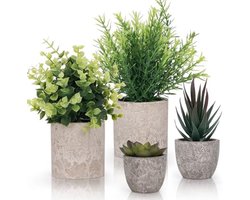 PromoHome Kunstplanten Set van 4 - Kunstmatige Planten in Pot met Realistische Uitstraling - Vetplanten, Eucalyptus en Siergras voor Binnen - Groene Decoratie voor Kantoor, Badkamer en Huis