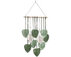 PromoHome Macramé Wandtapijt Bohemian Stijl - Handgemaakt Katoenen Wanddecoratie Met Houten Kralen en Groene Bladeren - Muurdecoratie Voor Slaapkamer, Woonkamer of Kinderkamer (40x90 cm)