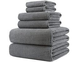 PromoHome Microvezel Badhanddoeken Set 6-delig - Oversized Luxe Wafelweefsel - Sneldrogende Pluisvrije Badhanddoek, Handdoek en Gezichtsdoeken - Grijs