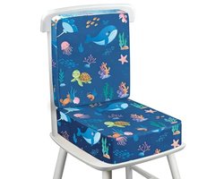 PromoHome Peuter Booster Zitting voor Eettafel met Rugleuning, 10 cm dik Kids Booster Kussen met Verstelbare Riemen & Antislip Bodem, Spons Wasbaar, Zeedieren