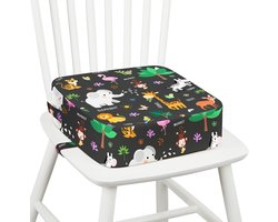 PromoHome Peuterstoelverhoger voor Eettafel, 10 cm dik, Spons Kinderzitje met Antislip Bodem & Verstelbare Riemen, Afneembaar en Wasbaar, Jungle Dieren Motief