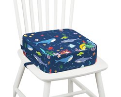 PromoHome Peuterzitverhoger voor Eettafel - 10 cm Dik Kussen met Antislip Bodem & Verstelbare Riemen - Afneembaar & Wasbaar - Mariene Dieren Motief