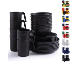 PromoHome Plastic Servies Set 24-delig – Onbreekbare Borden & Kommen Set voor 6 Personen, Inclusief Dinerborden, Dessertborden, Ontbijtkommen & Mokken – Zwart