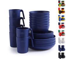PromoHome Plastic Servies Set 24-delig - Service voor 6 - Herbruikbare Borden & Kommen Set - Inclusief Dinerborden, Dessertborden, Ontbijtkommen & Kopjes - EUR Blauw