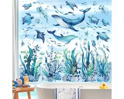 PromoHome Raamsticker Underwaterwereld - Zeegras Dolfijn Venster Stickers - Anti-Botsing Raamfolie - 8 Vellen - Onderwater Thema - Decoratie voor Badkamer, Woonkamer en Kantoor - Blauw