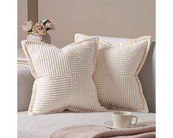 PromoHome Set van 2 Corduroy Kussenslopen 50x50 cm - Groene Ribfluwelen Kussenhoezen met Verborgen Ritssluiting voor Bank, Bed en Woonkamer Decoratie "Crèmewit"